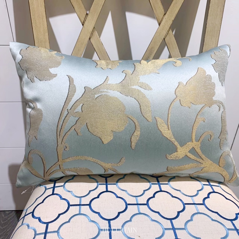 腰枕套 金色花蔓緹花 藍綠底