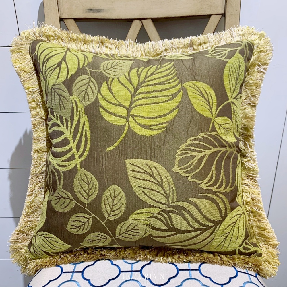 抱枕套 緹花沙發布 立體流蘇滾邊 綠葉褐底金邊
