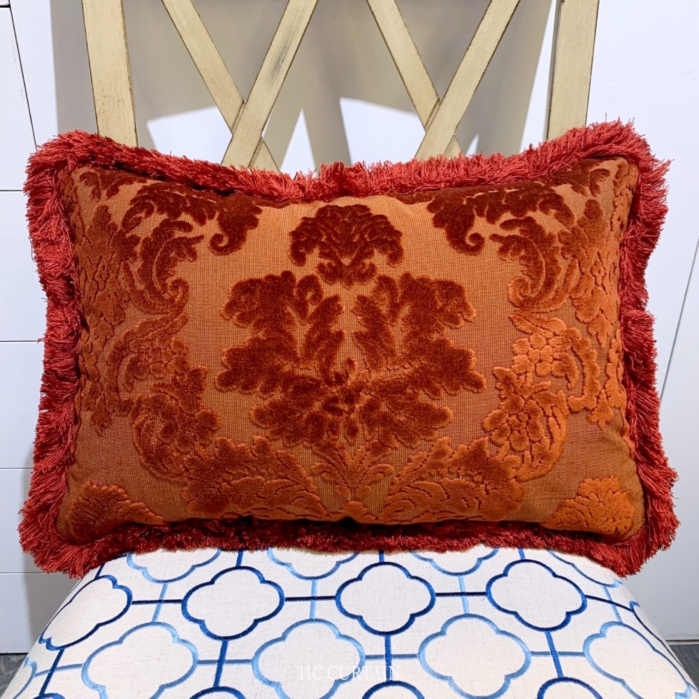 腰枕套 緹花絨布沙發布 Damask 流蘇滾邊 深紅