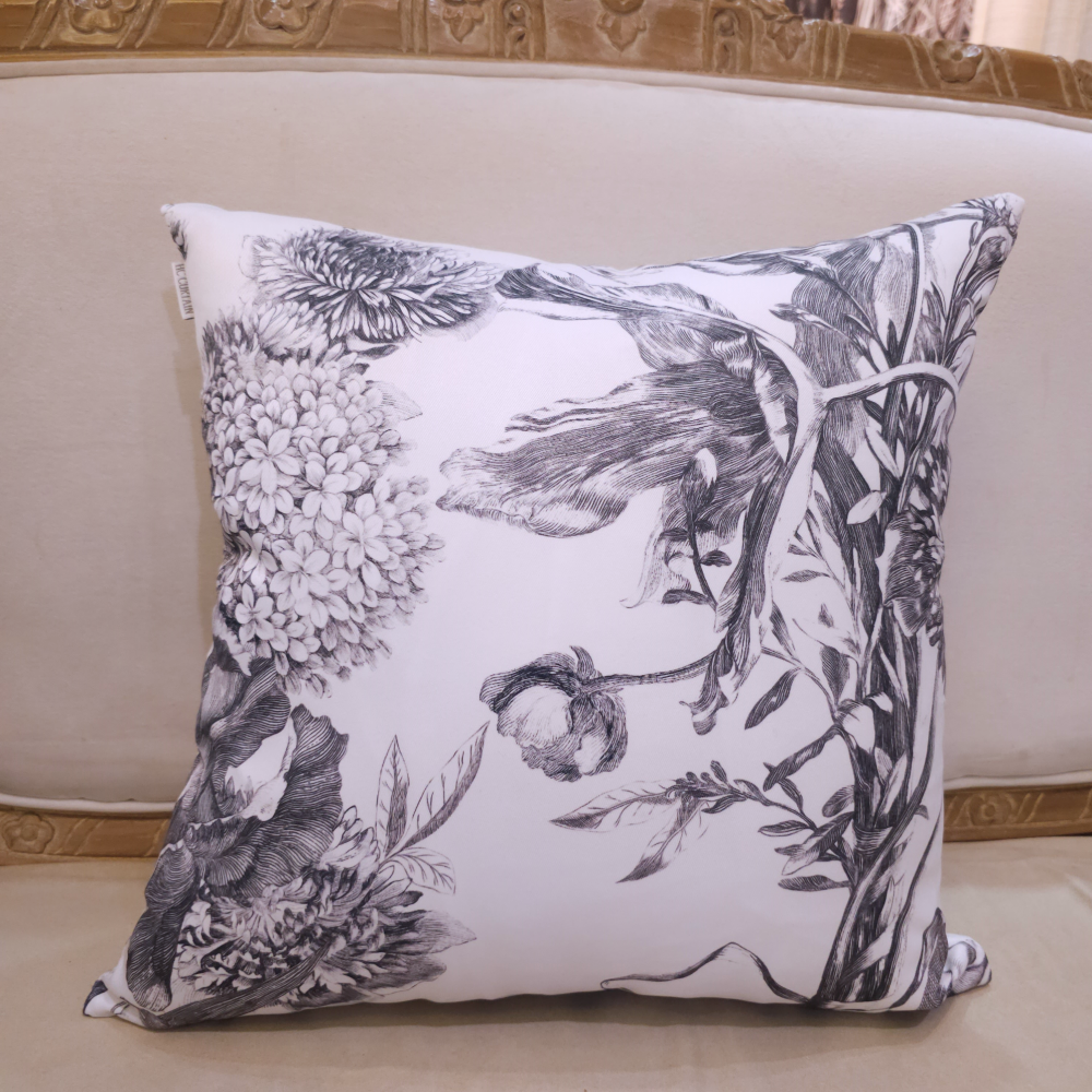 HC印花抱枕套 現貨 HC7002-04 黑白色印花維多利亞花卉 白底